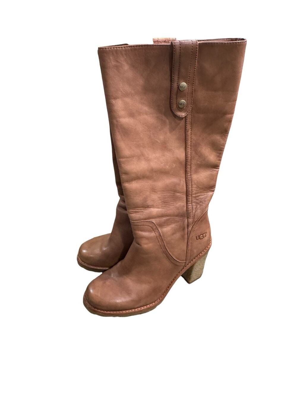 UGG Josie II Boots Sz 6 Brown Leather Tall Knee High Riding Stacked Block Heel